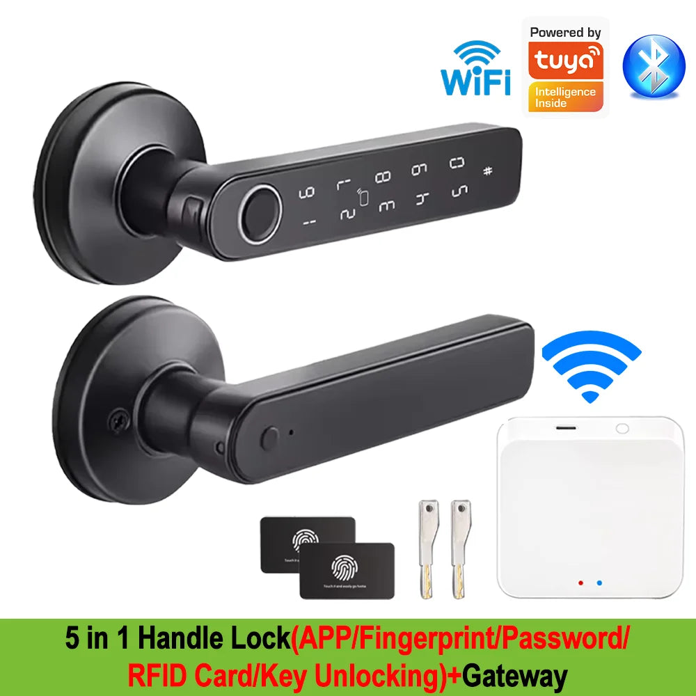 Tuya App Bluetooth Smart Fingerprint Door Lock Password Mechanical Key NFC Unlocking For Wooden Door Handle Lock IP65 Rainproof