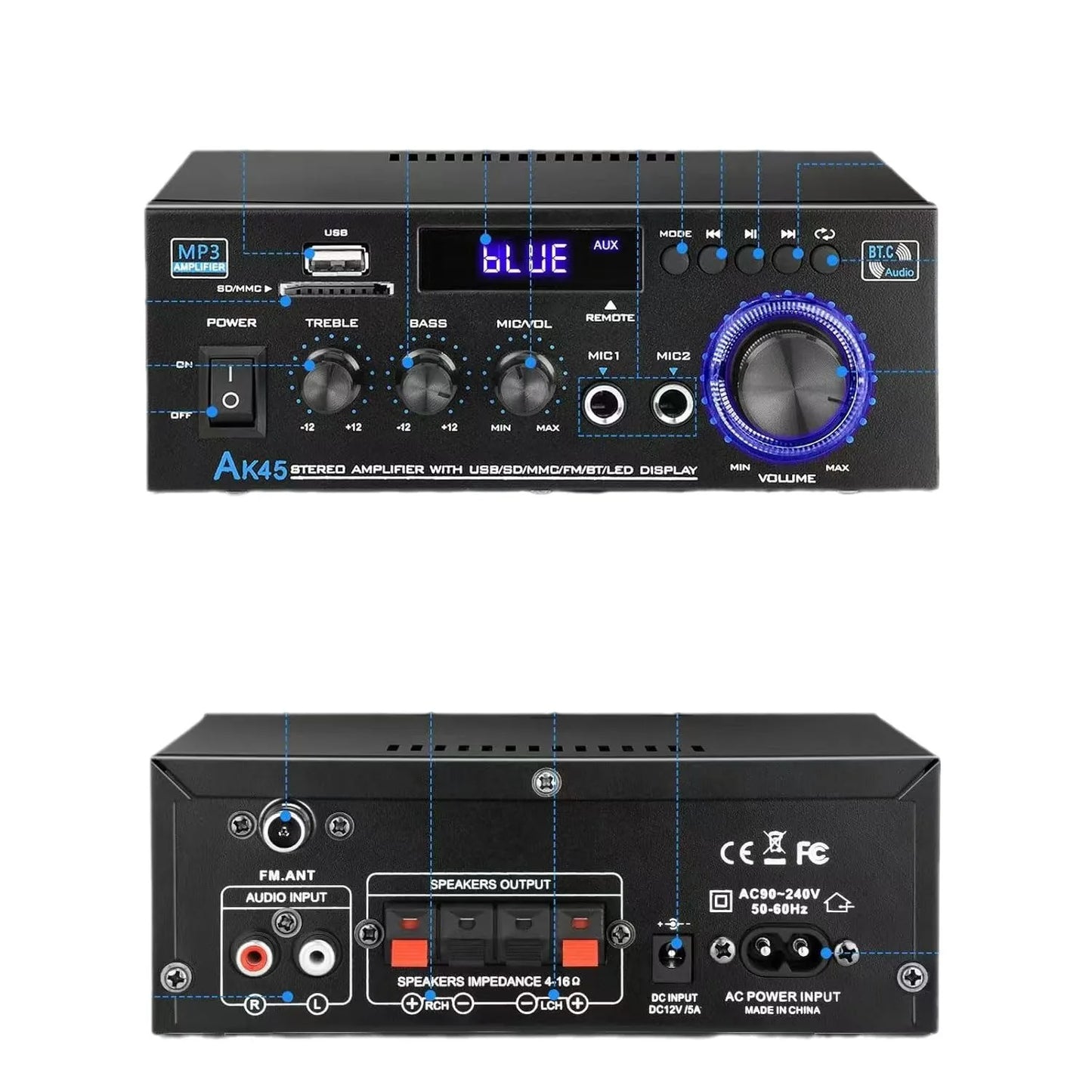 AK45 HiFi Digital Bluetooth Audio Amplifier MP3 Channel 2.0 Sound Power AMP stereo Home Automotive Car for Speakers MAX 350W*2