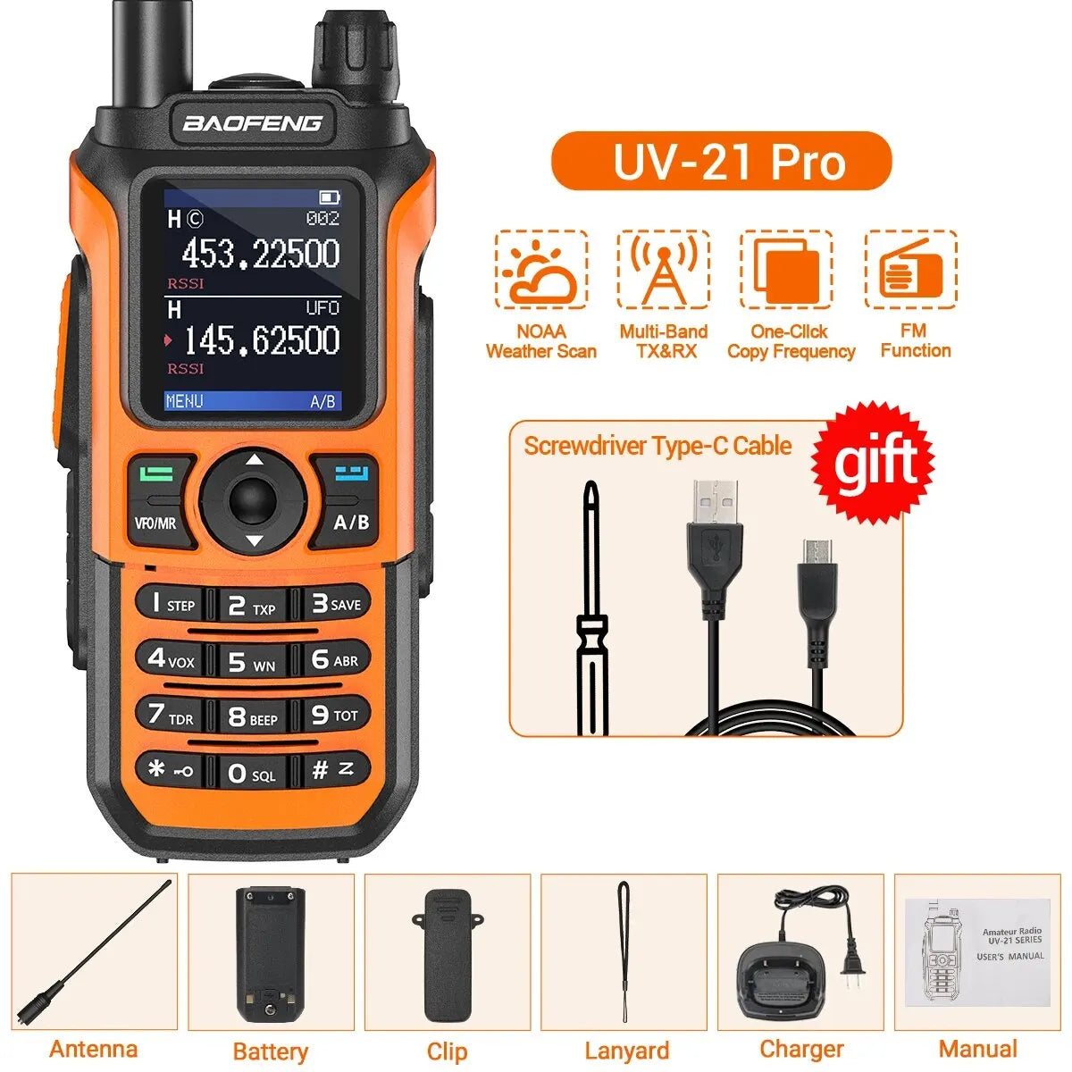 Baofeng UV 21 Pro Wireless Copy Frequency Walkie Talkie 16 KM AM Long Range Waterproof Multi-Band Type-C Charger Ham Radio UV 5R