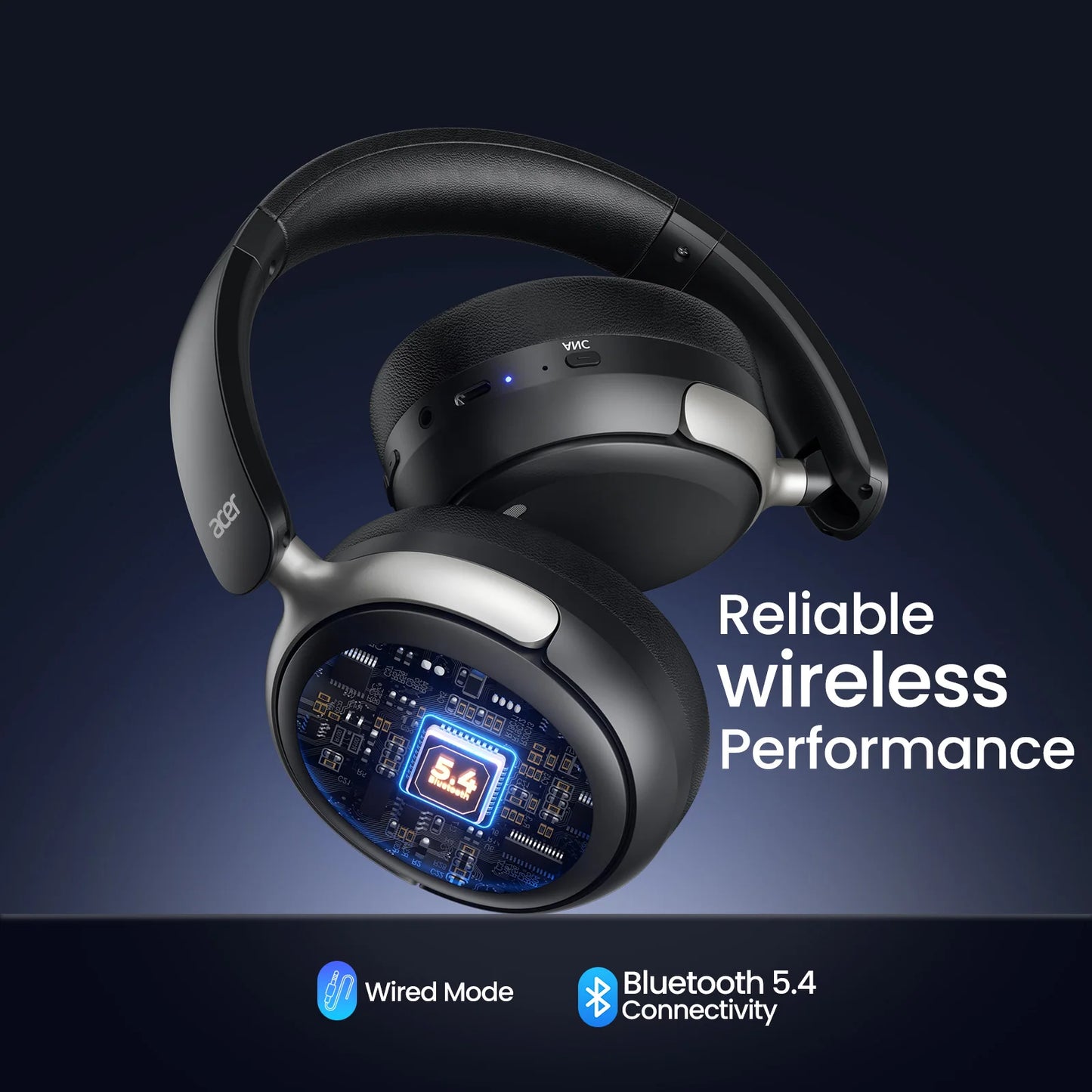 Acer OHR516 Wireless Over Ear Bluetooth 5.4 Headphones Active Noise Cancellation Dual Device Pairing Comfortable Foldable Design