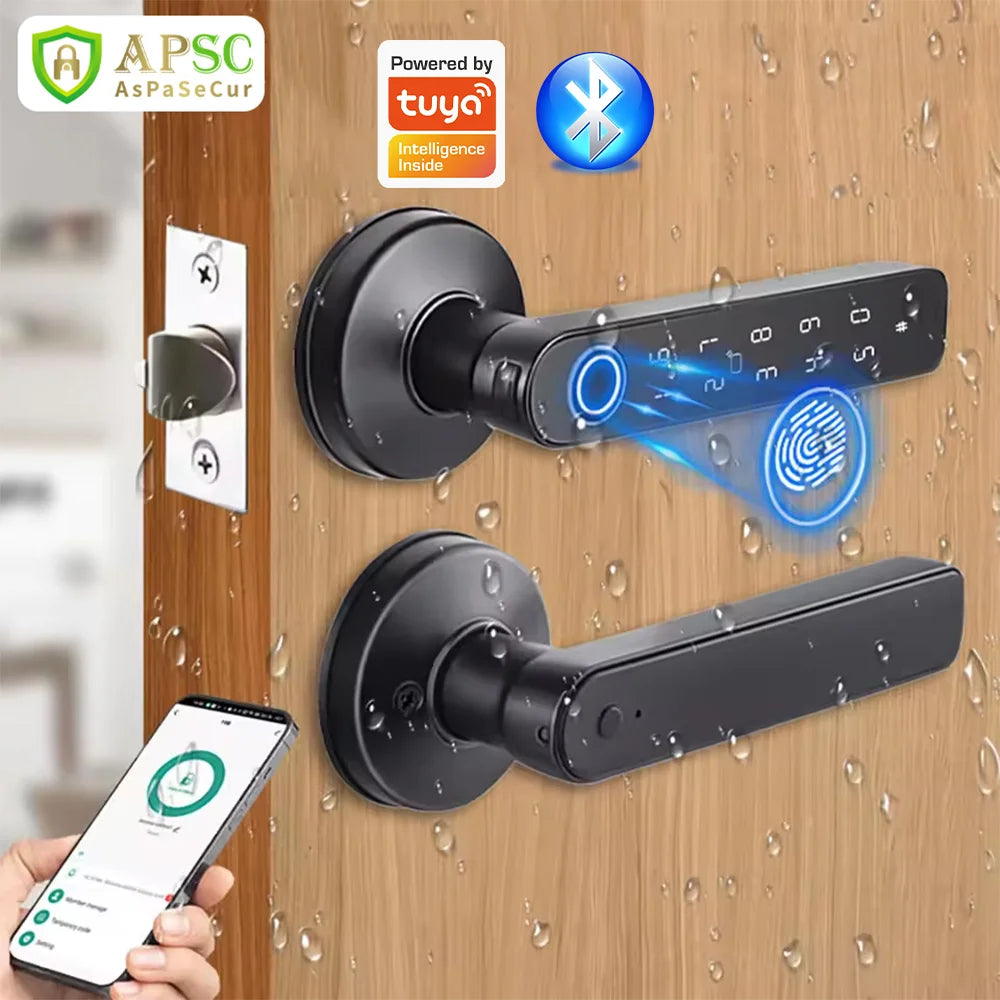 Tuya App Bluetooth Smart Fingerprint Door Lock Password Mechanical Key NFC Unlocking For Wooden Door Handle Lock IP65 Rainproof