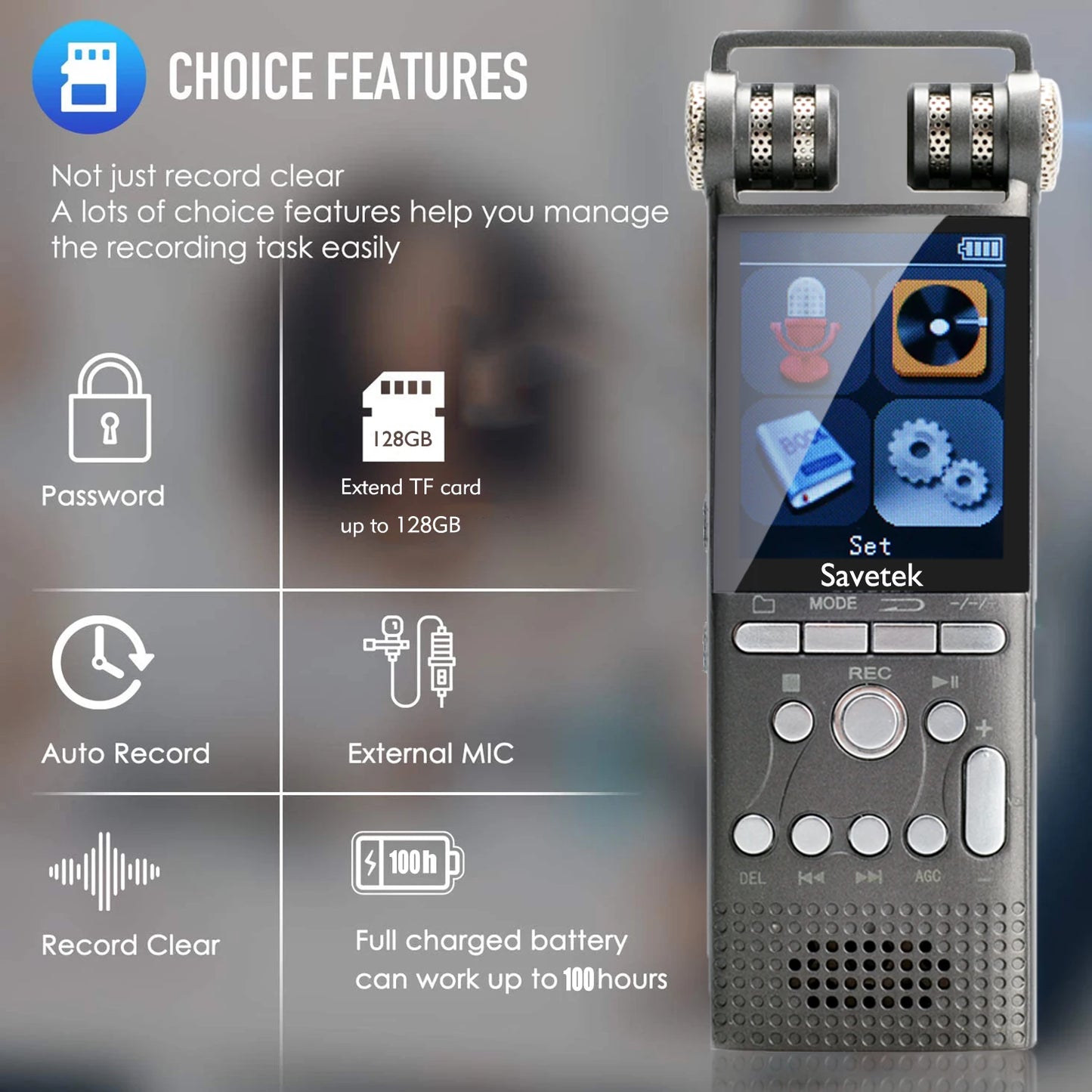 Savetek Professional Digital Voice Activated Audio Recorder 8GB 16GB USB Pen MP3 Player Recording PCM 1536Kbps DSP Noise Cancel