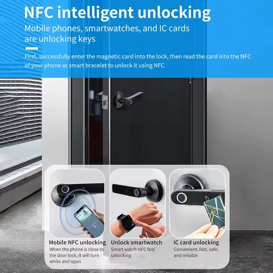 Tuya App Bluetooth Smart Fingerprint Door Lock Password Mechanical Key NFC Unlocking For Wooden Door Handle Lock IP65 Rainproof