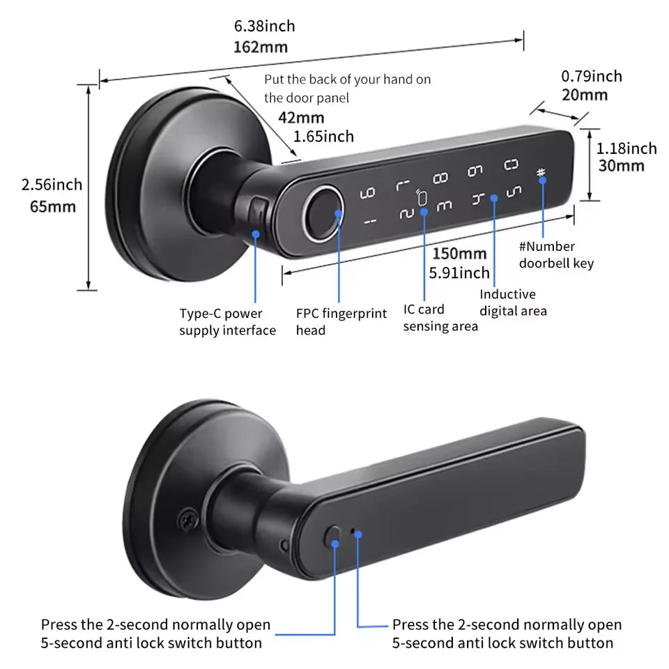 Tuya App Bluetooth Smart Fingerprint Door Lock Password Mechanical Key NFC Unlocking For Wooden Door Handle Lock IP65 Rainproof