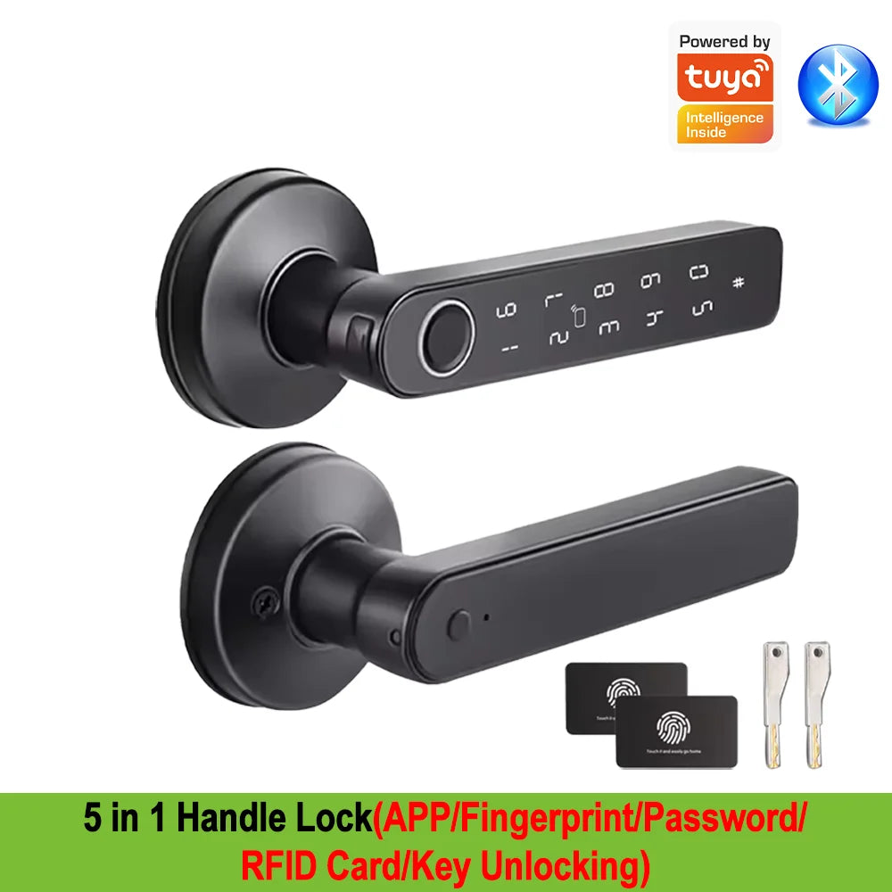 Tuya App Bluetooth Smart Fingerprint Door Lock Password Mechanical Key NFC Unlocking For Wooden Door Handle Lock IP65 Rainproof